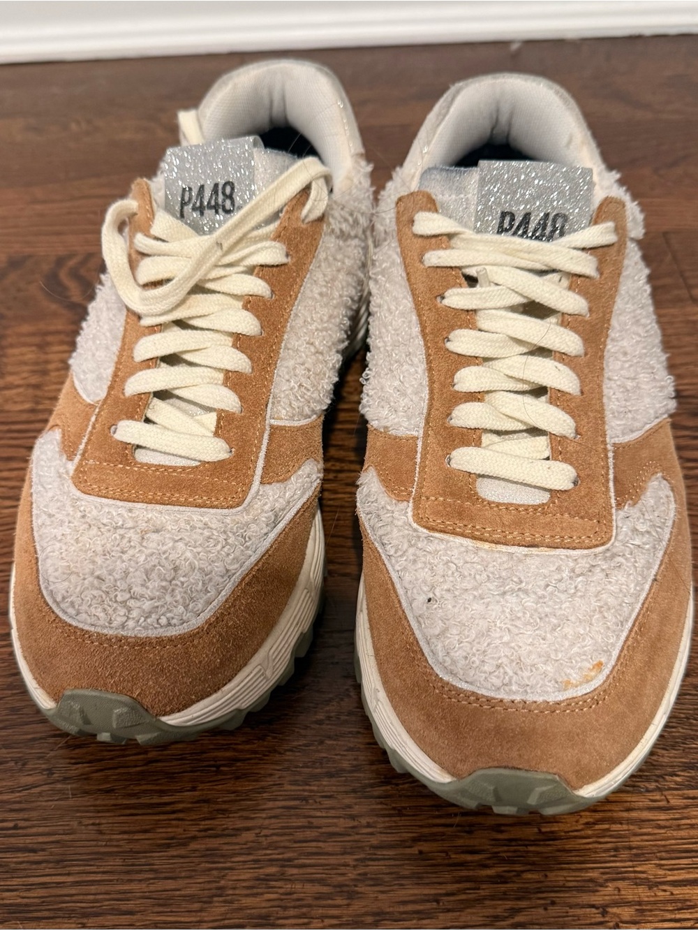 P448 Women's Suede & Shearling Panel Sneakers in Tan/Cream